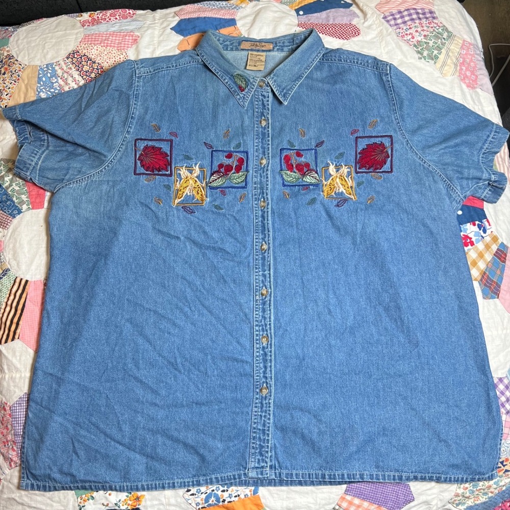 Just My Size Womens 22W 24W Denim Shirt Short Sleeve Embroidered Fall Harvest